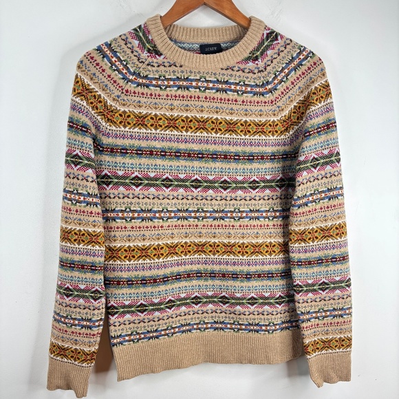 J Crew Fair Isle Wool Sweater Women XS Christmas Tan Rainbow Neutral Holiday - Picture 2 of 11